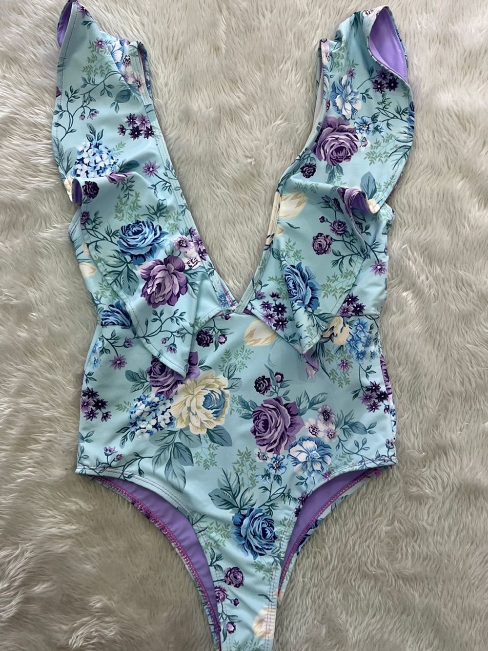 Floral V-Neck One-Piece Swimsuit in Light Blue